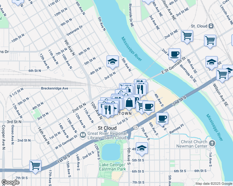 map of restaurants, bars, coffee shops, grocery stores, and more near 705 Courthouse Square in St. Cloud