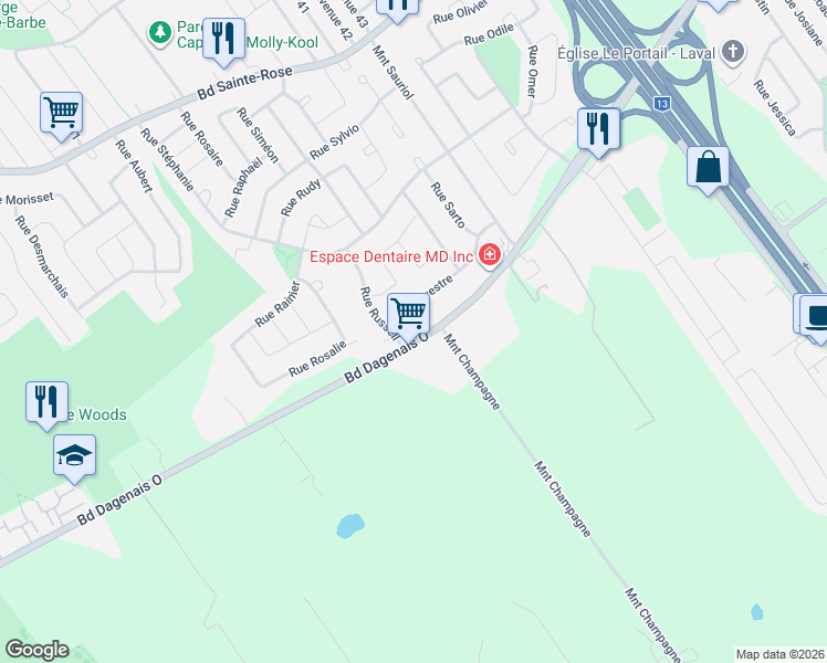 map of restaurants, bars, coffee shops, grocery stores, and more near 4109 Boulevard Dagenais Ouest in Laval