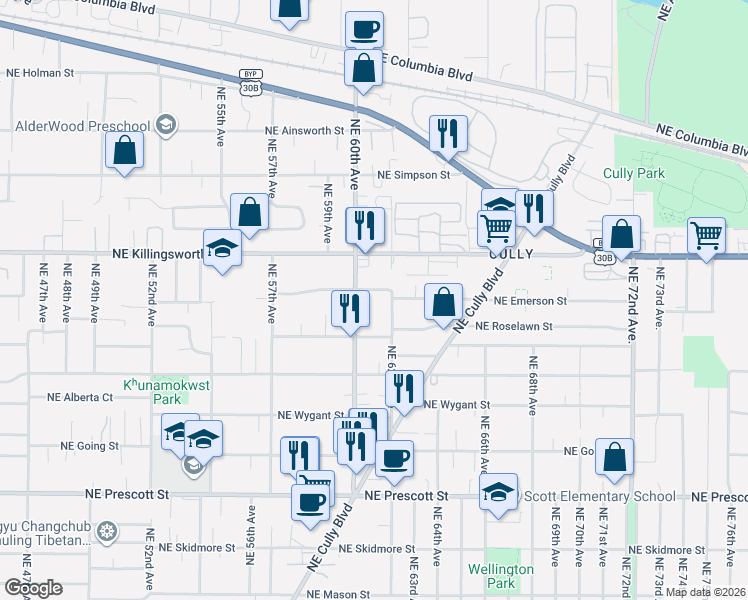 map of restaurants, bars, coffee shops, grocery stores, and more near 5249 Northeast 62nd Avenue in Portland