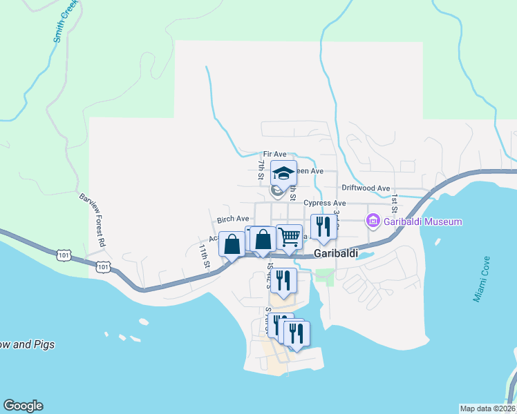 map of restaurants, bars, coffee shops, grocery stores, and more near 306 8th Street in Garibaldi