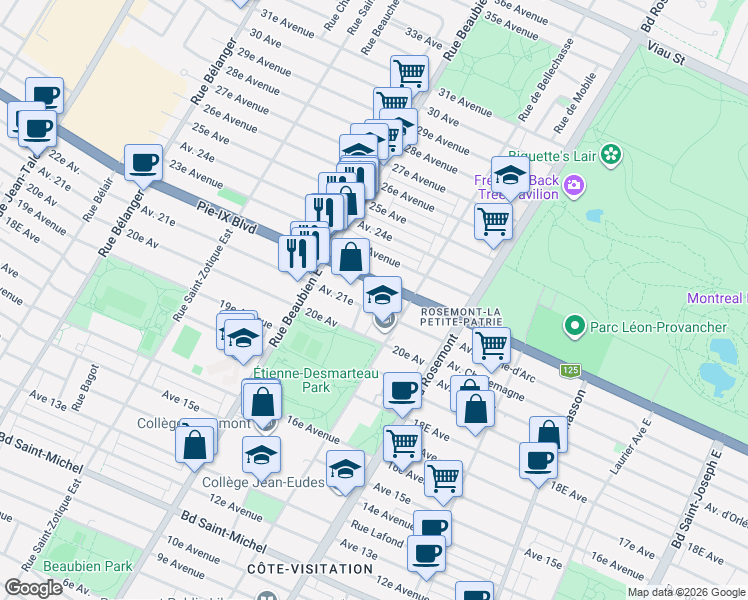map of restaurants, bars, coffee shops, grocery stores, and more near 6220 Boulevard Pie-IX in Montréal