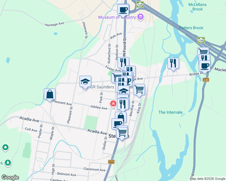 map of restaurants, bars, coffee shops, grocery stores, and more near 14 Allan Avenue in Stellarton