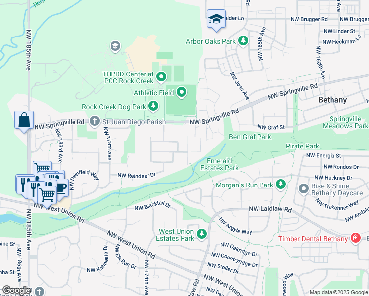 map of restaurants, bars, coffee shops, grocery stores, and more near 17188 Northwest Crosshaven Street in Portland
