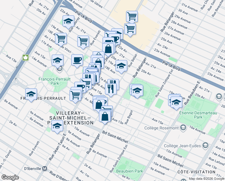 map of restaurants, bars, coffee shops, grocery stores, and more near 3649 Rue Bélair in Montréal