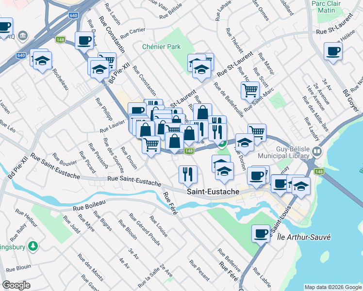 map of restaurants, bars, coffee shops, grocery stores, and more near 179 Rue Hémond in Saint-Eustache