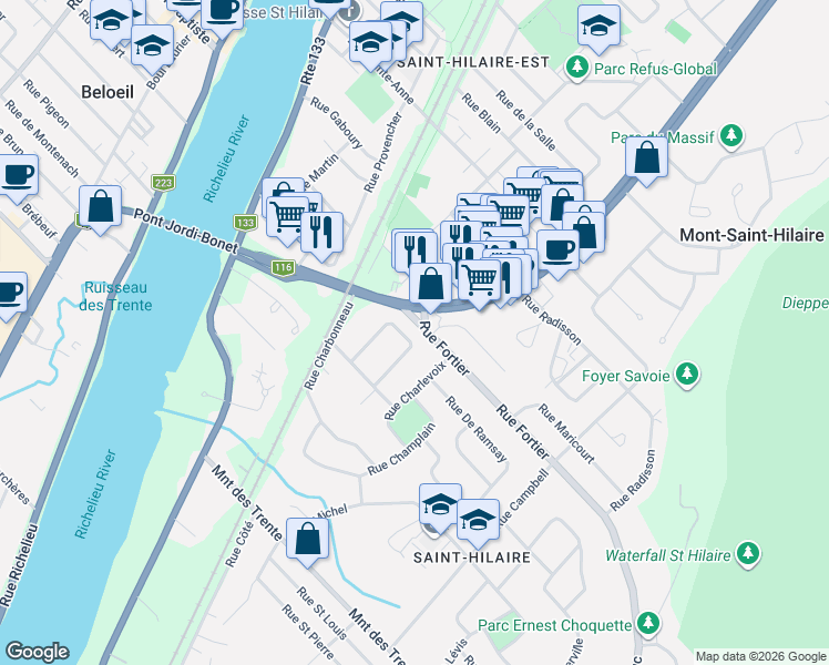 map of restaurants, bars, coffee shops, grocery stores, and more near 252 Rue Fortier in Mont-Saint-Hilaire