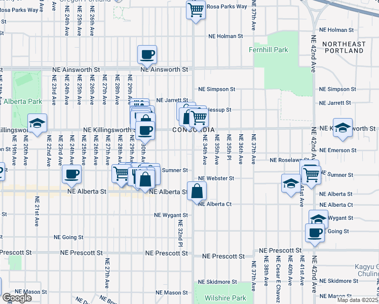 map of restaurants, bars, coffee shops, grocery stores, and more near 5243 Northeast 33rd Drive in Portland