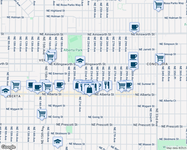 map of restaurants, bars, coffee shops, grocery stores, and more near 5246 Northeast 23rd Avenue in Portland