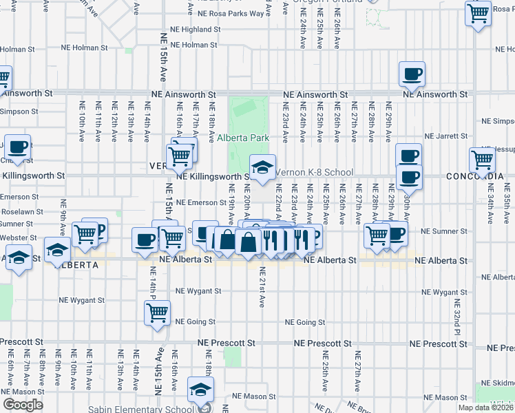 map of restaurants, bars, coffee shops, grocery stores, and more near 5244 Northeast 20th Avenue in Portland