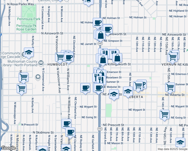 map of restaurants, bars, coffee shops, grocery stores, and more near 5232 Northeast Garfield Avenue in Portland
