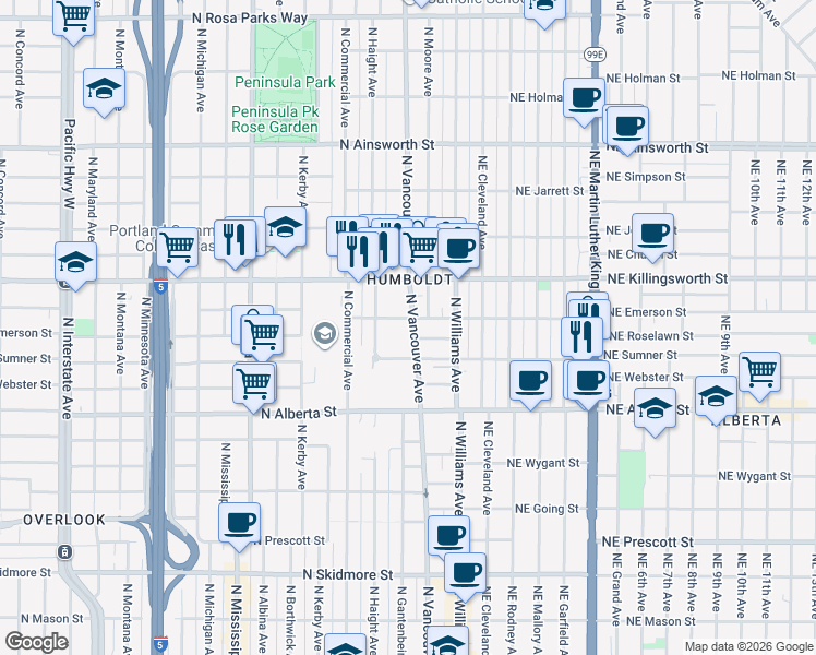 map of restaurants, bars, coffee shops, grocery stores, and more near 5225 North Vancouver Avenue in Portland