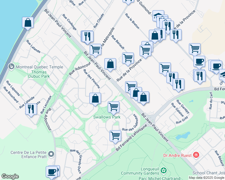 map of restaurants, bars, coffee shops, grocery stores, and more near 734 Rue des Merles in Longueuil