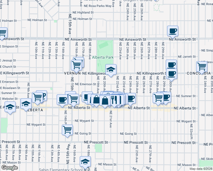 map of restaurants, bars, coffee shops, grocery stores, and more near 5272 Northeast 20th Avenue in Portland