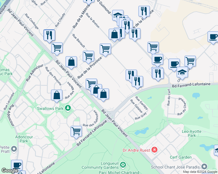map of restaurants, bars, coffee shops, grocery stores, and more near 790 Rue Bériault in Longueuil
