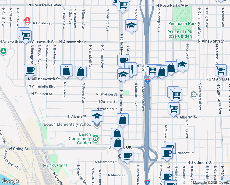 map of restaurants, bars, coffee shops, grocery stores, and more near 1527 North Emerson Street in Portland