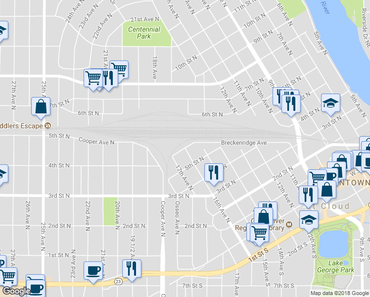 map of restaurants, bars, coffee shops, grocery stores, and more near 1600 5 1/2 Street North in Saint Cloud