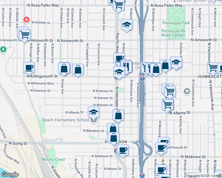 map of restaurants, bars, coffee shops, grocery stores, and more near 1527 North Emerson Street in Portland