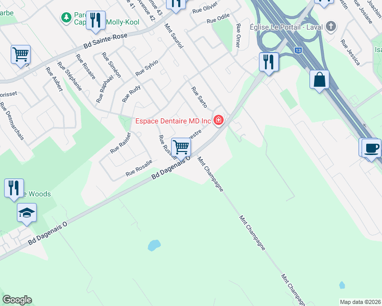 map of restaurants, bars, coffee shops, grocery stores, and more near 4111 Boulevard Dagenais Ouest in Laval