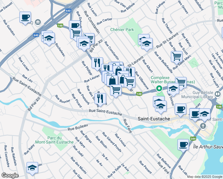map of restaurants, bars, coffee shops, grocery stores, and more near 356 Boulevard Arthur-Sauvé in Saint-Eustache
