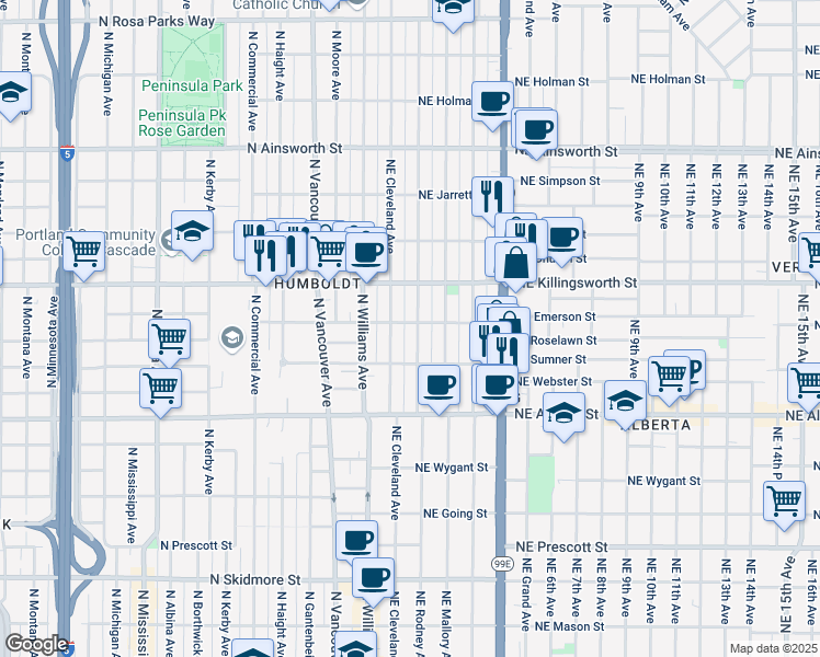 map of restaurants, bars, coffee shops, grocery stores, and more near 5224 Northeast Cleveland Avenue in Portland