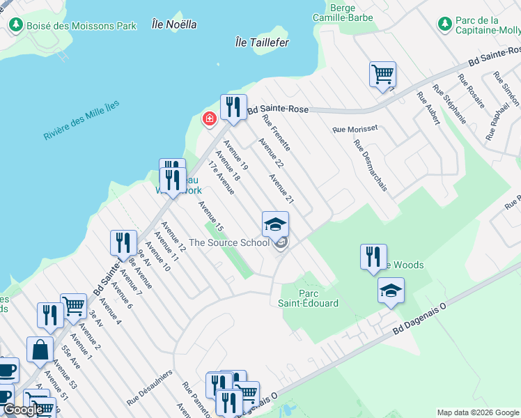 map of restaurants, bars, coffee shops, grocery stores, and more near 18e Av in Laval