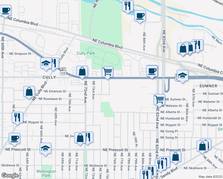 map of restaurants, bars, coffee shops, grocery stores, and more near 5256 Northeast 75th Avenue in Portland