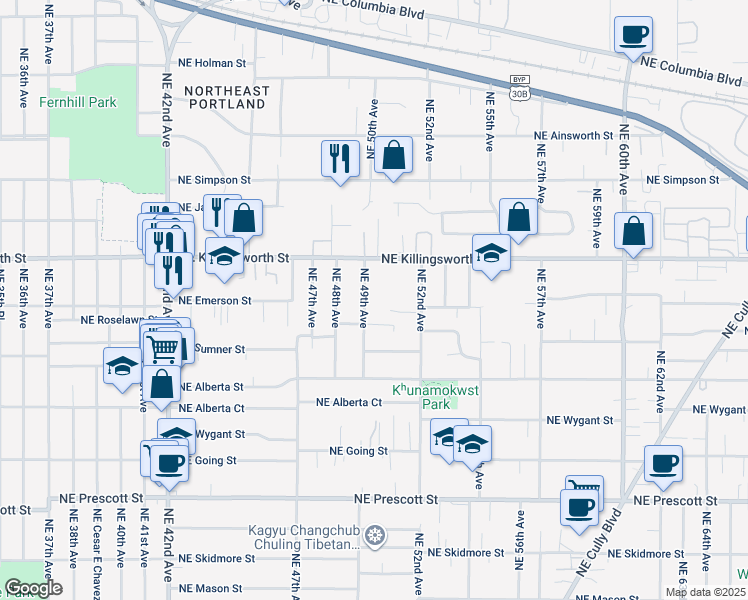 map of restaurants, bars, coffee shops, grocery stores, and more near 4931 Northeast Roselawn Street in Portland