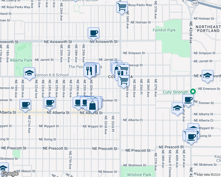 map of restaurants, bars, coffee shops, grocery stores, and more near 5246 Northeast 32nd Avenue in Portland