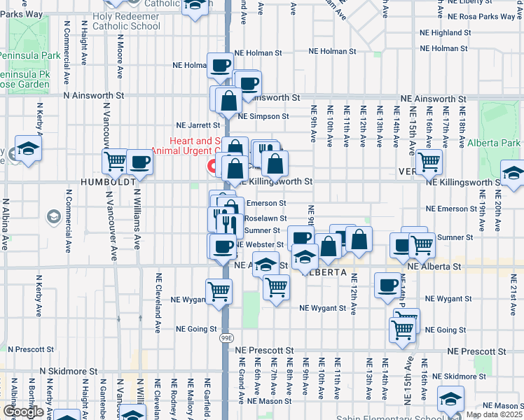 map of restaurants, bars, coffee shops, grocery stores, and more near 604 Northeast Roselawn Street in Portland