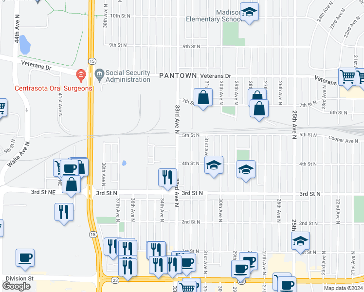 map of restaurants, bars, coffee shops, grocery stores, and more near 405 33rd Avenue North in St. Cloud