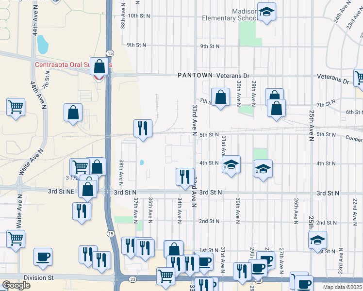 map of restaurants, bars, coffee shops, grocery stores, and more near 419 33rd Avenue North in St. Cloud
