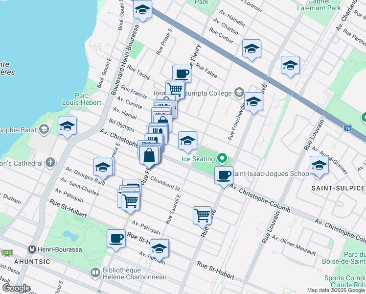 map of restaurants, bars, coffee shops, grocery stores, and more near 10155 Boulevard Olympia in Montréal