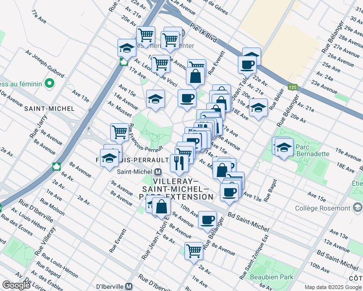 map of restaurants, bars, coffee shops, grocery stores, and more near 7289 Avenue Musset in Montréal