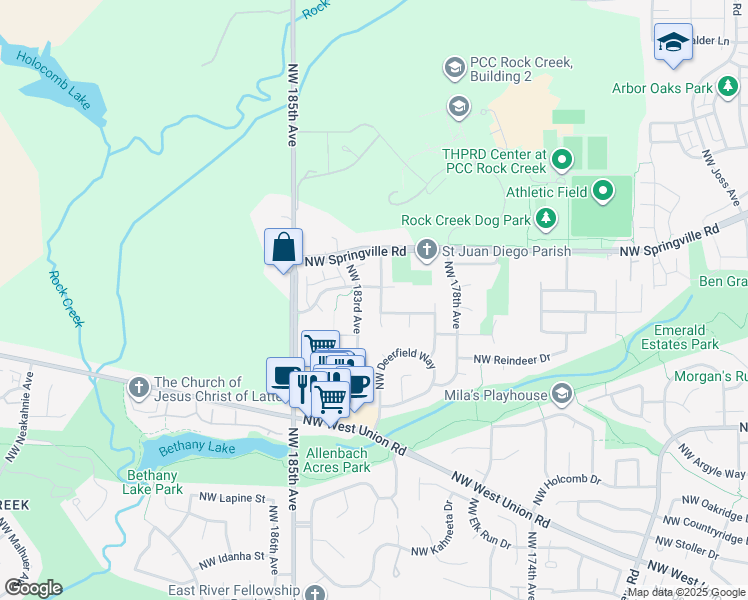 map of restaurants, bars, coffee shops, grocery stores, and more near 18078 Northwest Sylvania Lane in Portland
