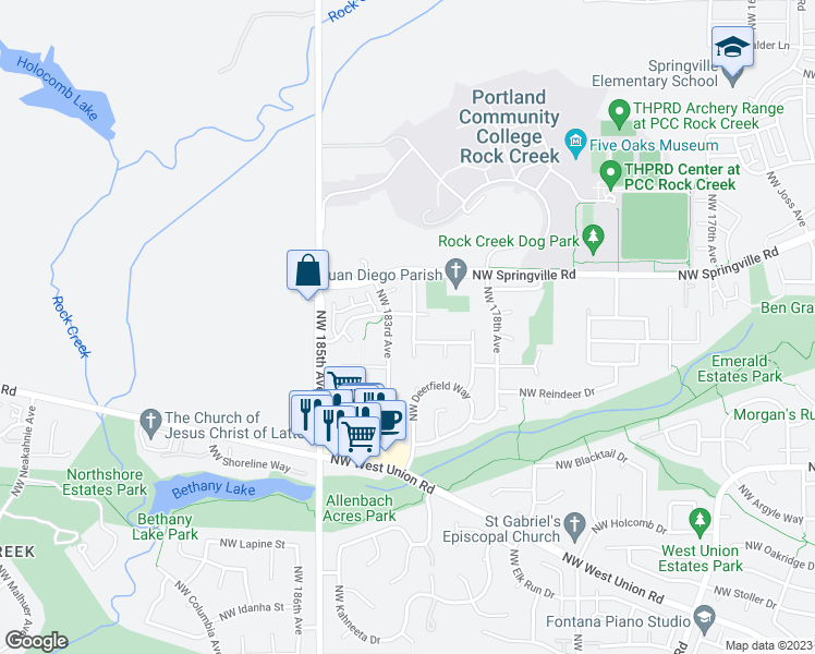 map of restaurants, bars, coffee shops, grocery stores, and more near 5771 Northwest 181st Avenue in Portland