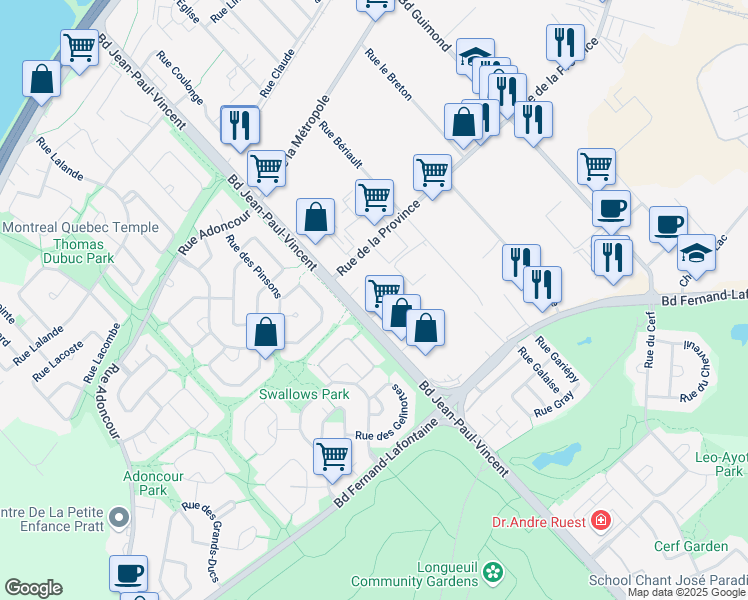 map of restaurants, bars, coffee shops, grocery stores, and more near in Longueuil