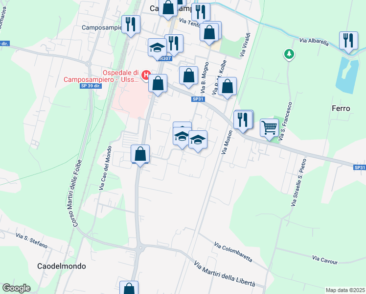 map of restaurants, bars, coffee shops, grocery stores, and more near 27 Via Giacomo Puccini in Camposampiero