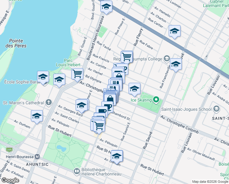 map of restaurants, bars, coffee shops, grocery stores, and more near in Montreal