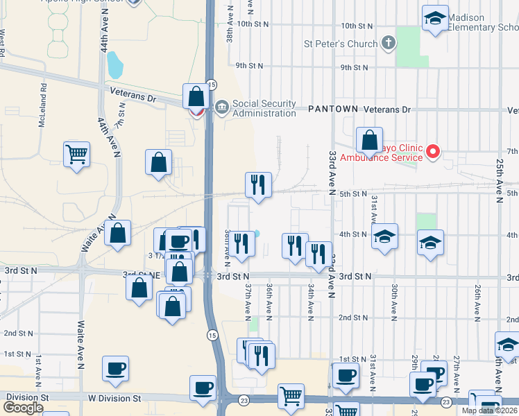 map of restaurants, bars, coffee shops, grocery stores, and more near 408 37th Avenue North in St. Cloud