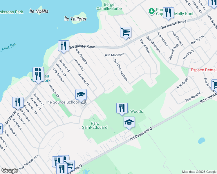 map of restaurants, bars, coffee shops, grocery stores, and more near 4275 Rue Tanguay in Laval