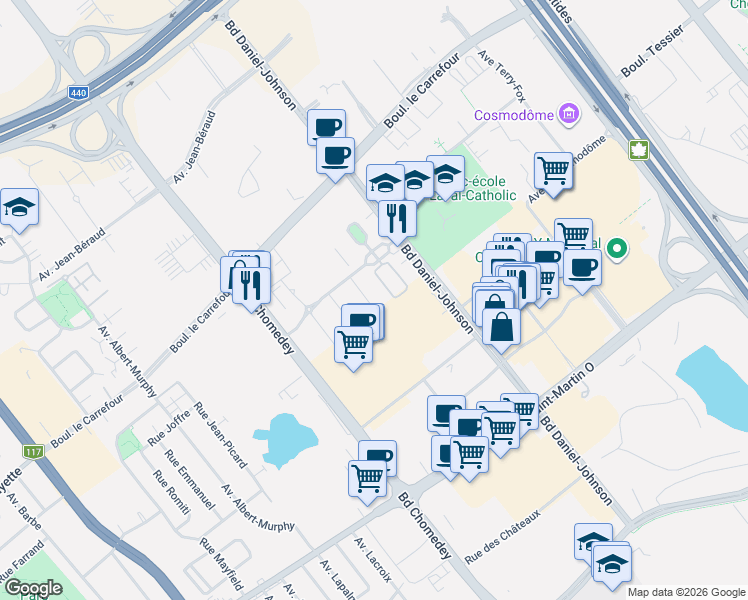 map of restaurants, bars, coffee shops, grocery stores, and more near 3740 Boulevard de Chenonceau in Laval