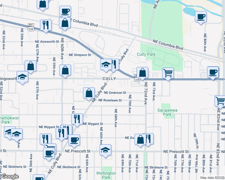 map of restaurants, bars, coffee shops, grocery stores, and more near 6750 Northeast Emerson Street in Portland