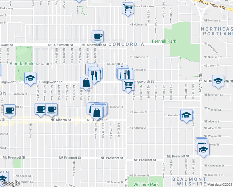 map of restaurants, bars, coffee shops, grocery stores, and more near 5246 Northeast 32nd Avenue in Portland