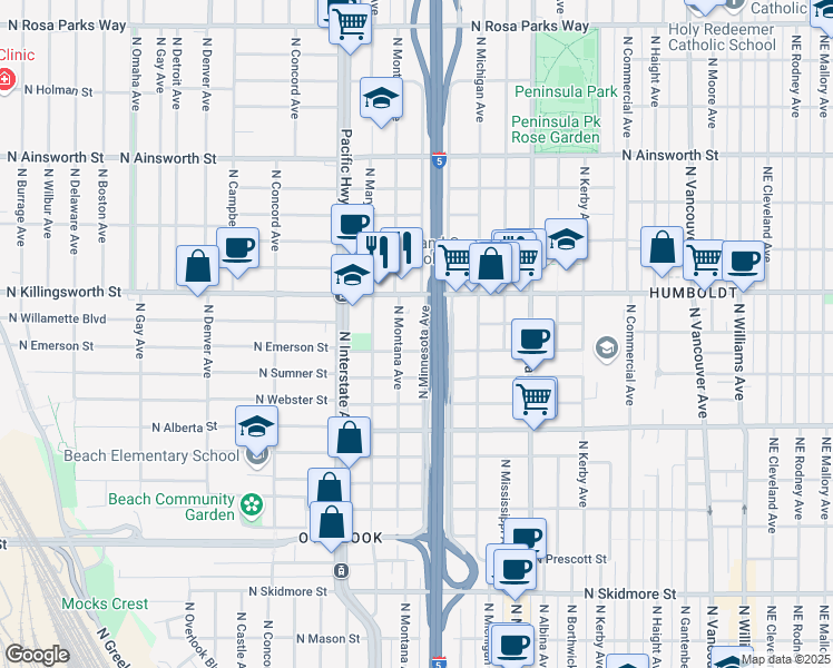 map of restaurants, bars, coffee shops, grocery stores, and more near 5235 North Minnesota Avenue in Portland