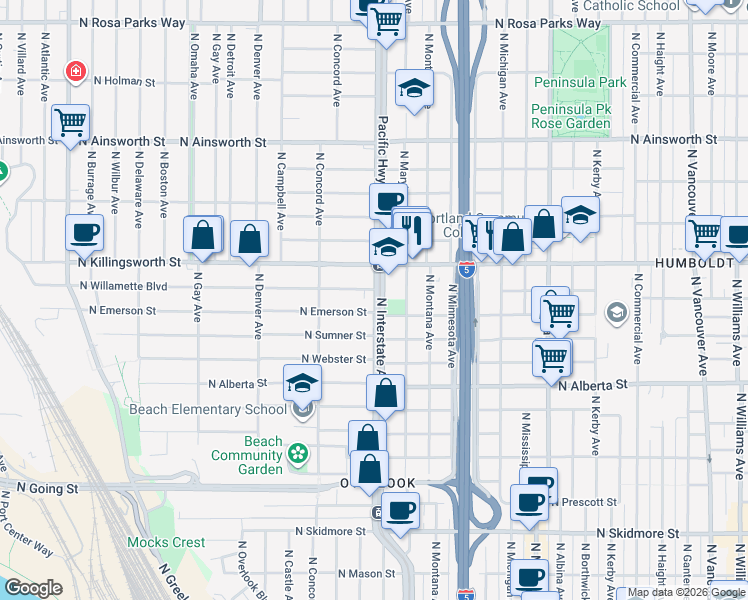 map of restaurants, bars, coffee shops, grocery stores, and more near in Portland