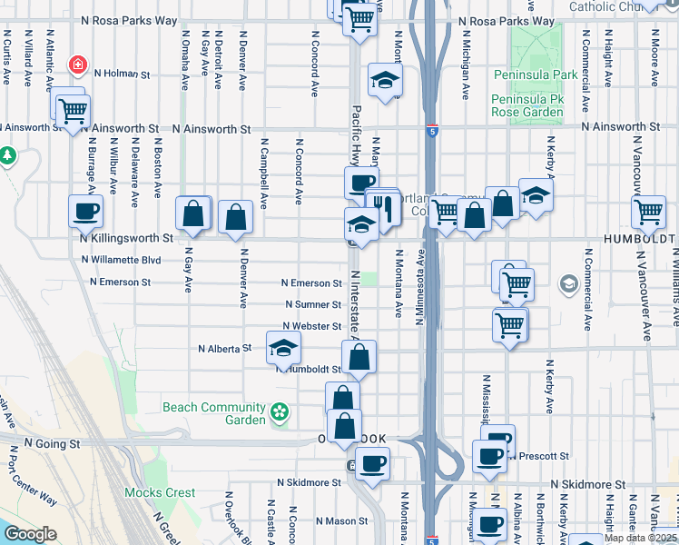 map of restaurants, bars, coffee shops, grocery stores, and more near 1600 North Emerson Street in Portland