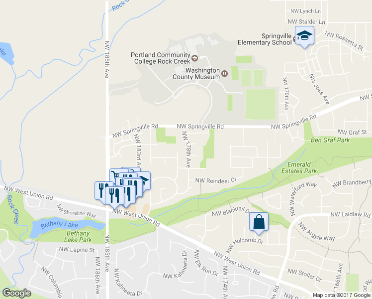 map of restaurants, bars, coffee shops, grocery stores, and more near 5730 Northwest 178th Avenue in Portland