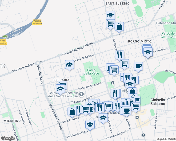 map of restaurants, bars, coffee shops, grocery stores, and more near 54 Via Francesco Guardi in Cinisello Balsamo