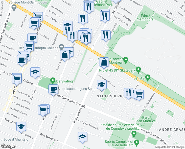 map of restaurants, bars, coffee shops, grocery stores, and more near 1395 Rue de Louvain Est in Montréal