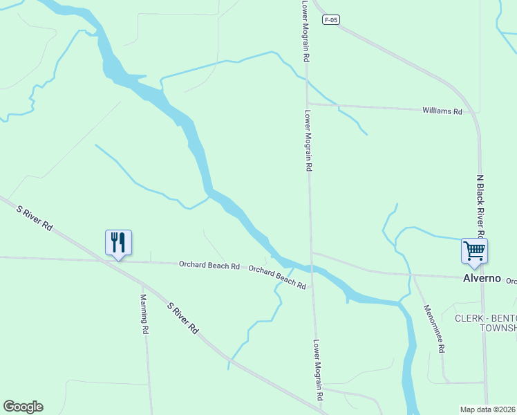 map of restaurants, bars, coffee shops, grocery stores, and more near 7210 Lower Mograin Rd in Cheboygan